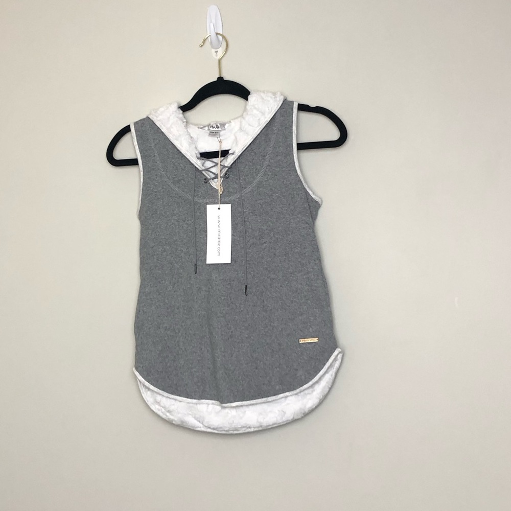 Mira Rae Gray Indian Inspired vest lined with faux fur, full zip, size 10/11
